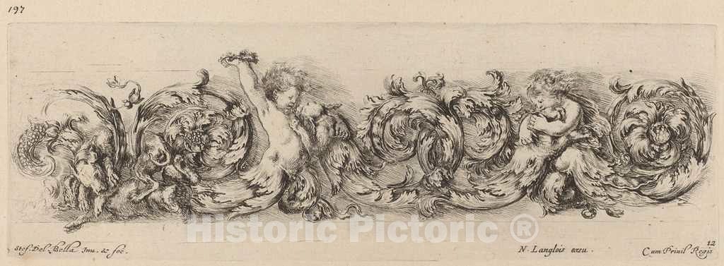 Art Print : Stefano Della Bella, Ornamental Frieze with Children and Dogs, 1648 - Vintage Wall Art