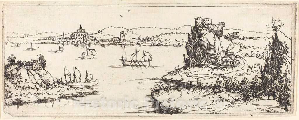 Art Print : Augustin Hirschvogel, Landscape with Sail Boats, 1546 - Vintage Wall Art
