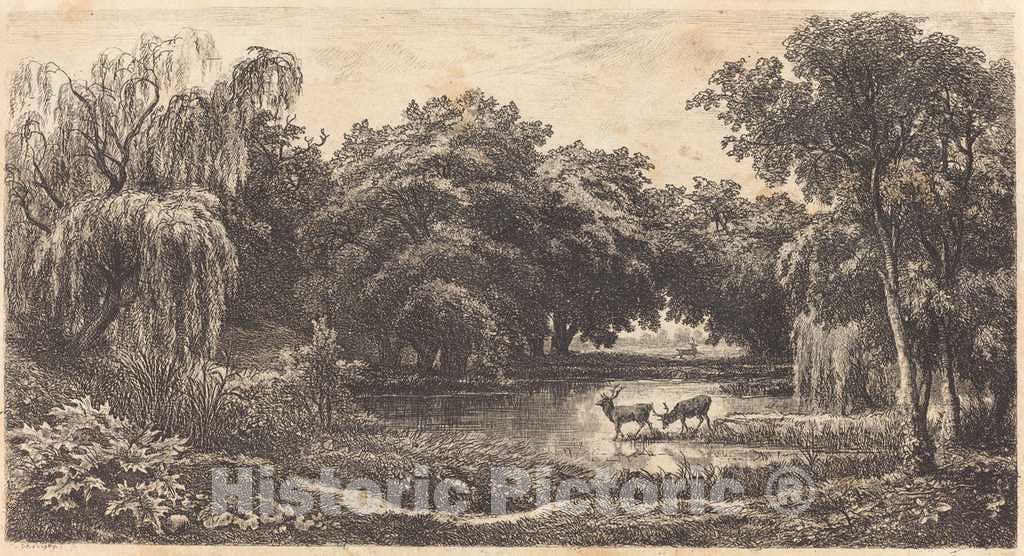 Art Print : Charles-FranÃ§ois Daubigny, Pool with Deer (La Mare aux cerfs), 1845 - Vintage Wall Art