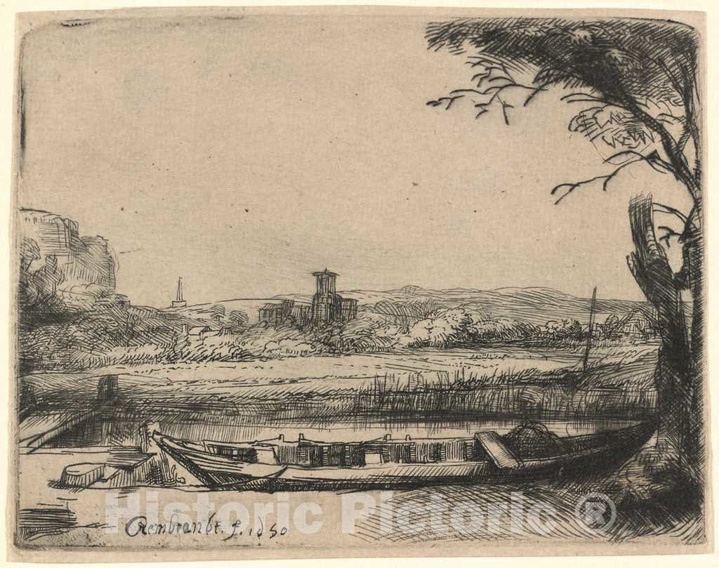 Art Print : Rembrandt, Canal with a Large Boat and Bridge, 1650 - Vintage Wall Art