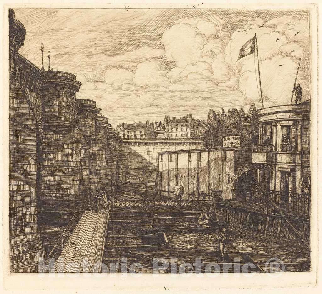 Art Print : Charles Meryon, Bain-Froid chevrier, dit de l'Ã‰cole (Chevrier's Cold-Bath Establishment, Sometimes Called The School-Baths), 1864 - Vintage Wall Art