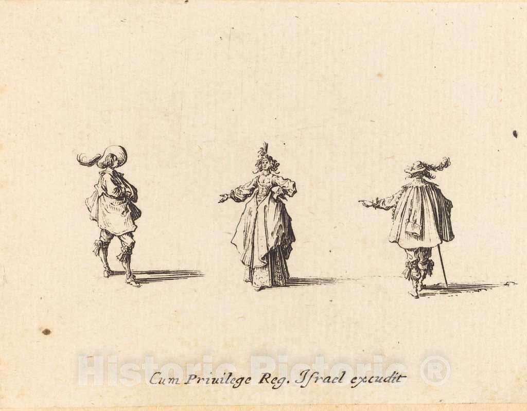 Art Print : Jacques Callot, Lady with Outstretched Arm, and Two Gentlemen, 1634 - Vintage Wall Art