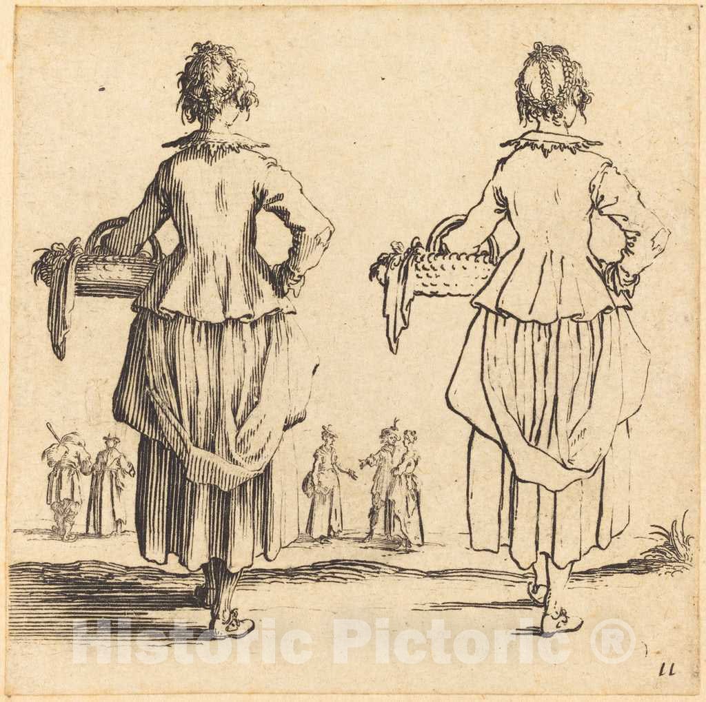 Art Print : Jacques Callot, Peasant Woman with Basket, Seen from Behind, 1617 and 1621 - Vintage Wall Art