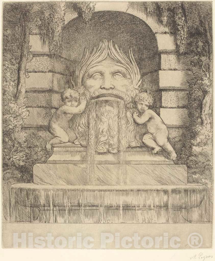 Art Print : Alphonse Legros, Fountain: Grotesque, Children and Basin (Une fountaine: Masque, Enfants et Bassin) - Vintage Wall Art
