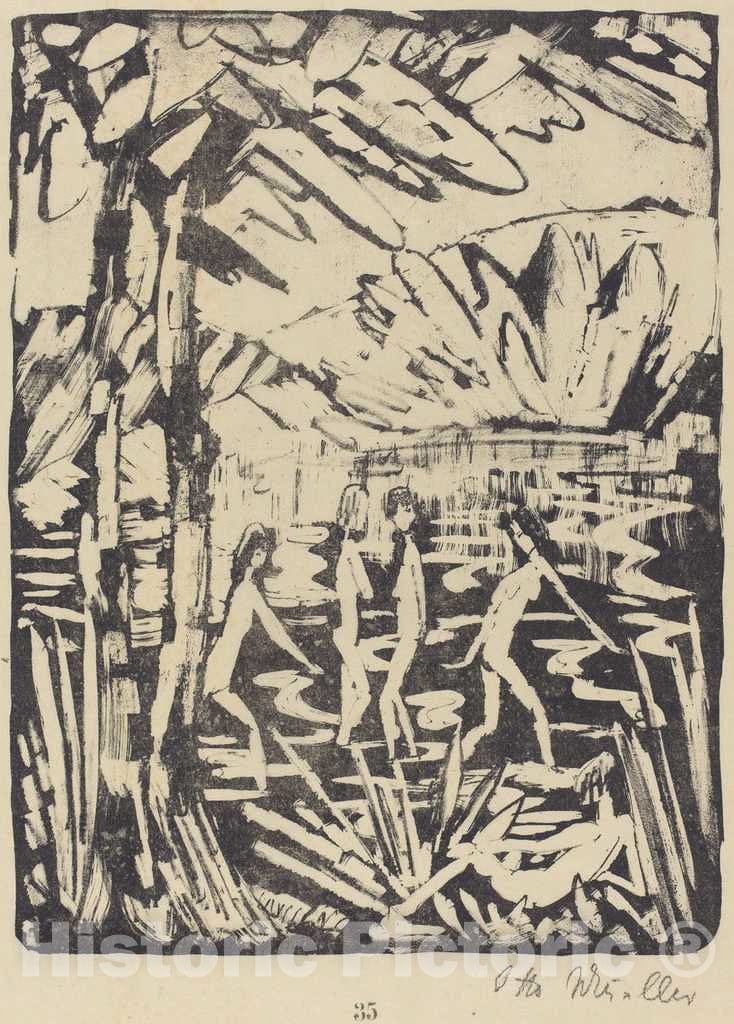 Art Print : Otto MÃ¼ller, Five Girls at a Forest Pond (Funf Madchen am Waldteich), c. 1919 - Vintage Wall Art