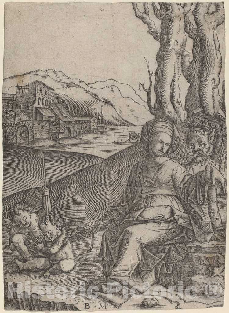 Art Print : Benedetto Montagna, Woman and Satyr with Two Cupids, c.1509 - Vintage Wall Art