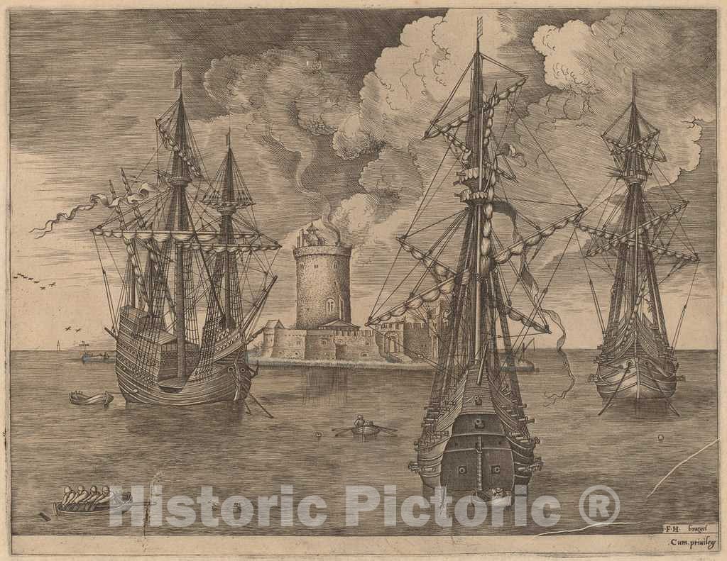 Art Print : Frans Huys After Bruegel The Elder, Four-Master (Left) and Two Three-Masters Ancored Near a Fortified Island with a Lighthouse, 1565 - Vintage Wall Art