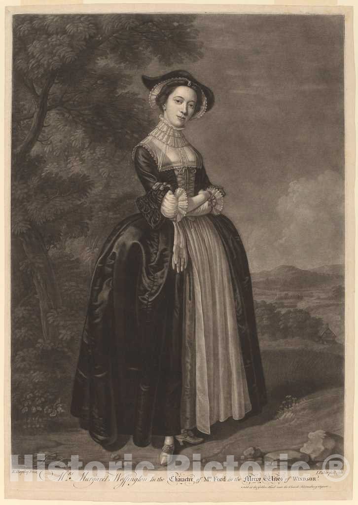 Art Print : Faber II After Haytley, Mrs. Margaret Woffington in The Character of Mrs. Ford in The Merry Wives of Windsor, 1751 - Vintage Wall Art