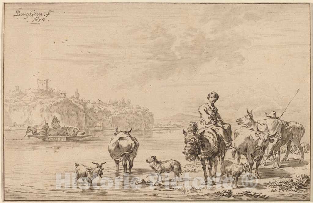 Art Print : Amstel and Kornlein After Berchem, Woman Seated on a Mule, 1769 - Vintage Wall Art