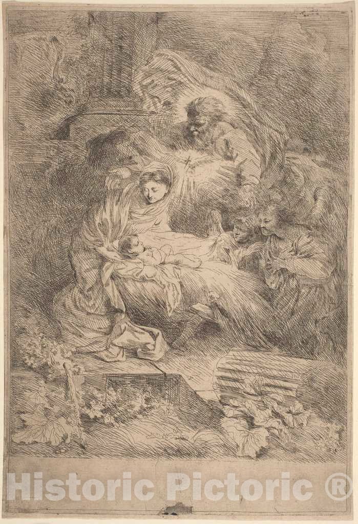Art Print : Giovanni Benedetto Castiglione, The Nativity with God The Father and The Holy Spirit, c. 1645 - Vintage Wall Art