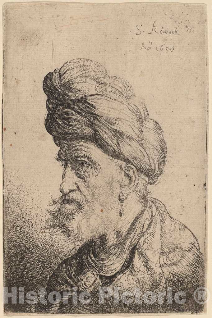 Art Print : Salomon Koninck, Bust of a Man with a Turban Facing Left, 1638 - Vintage Wall Art
