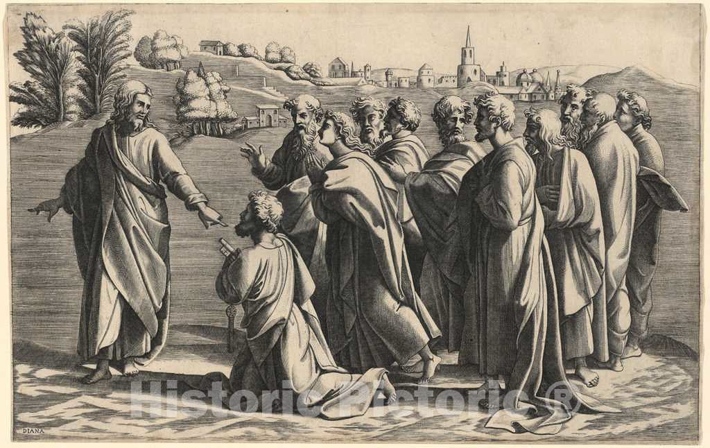 Art Print : Diana Scultori After Raphael, Christ Making Saint Peter Head of The Church - Vintage Wall Art