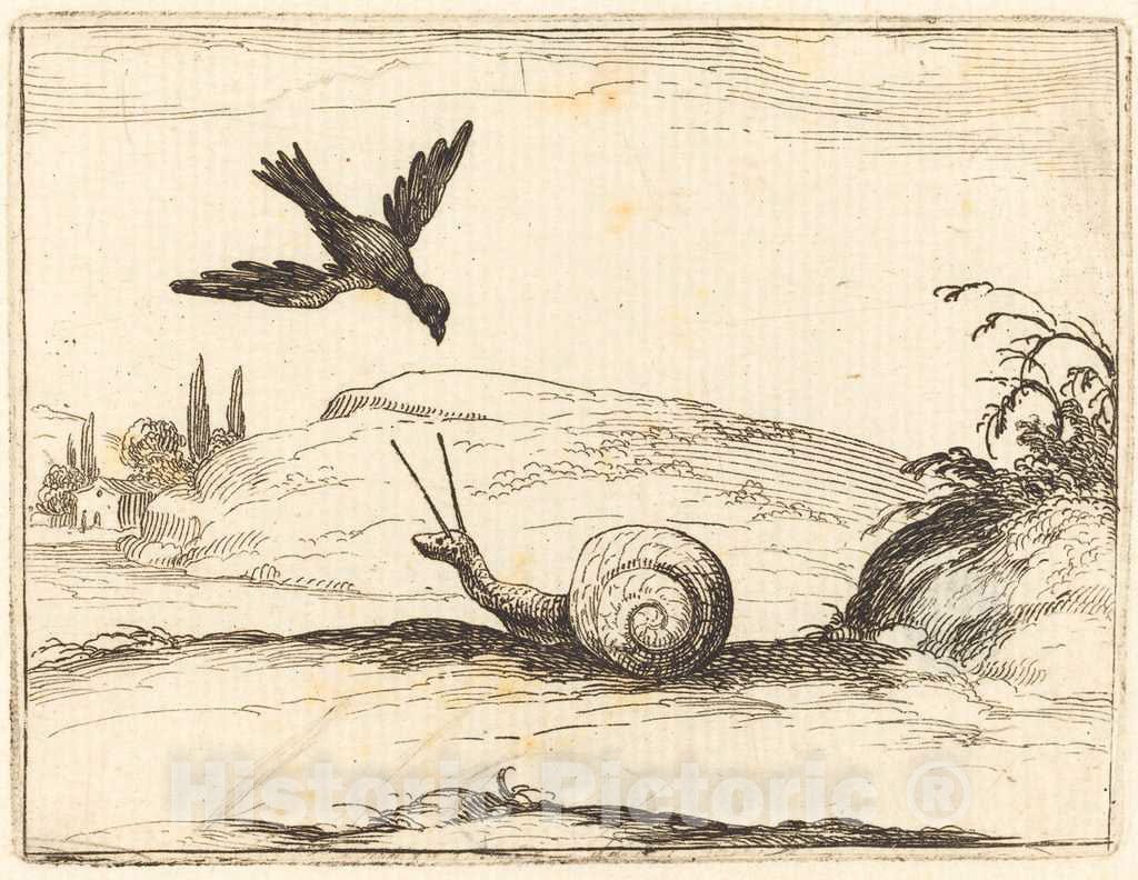 Art Print : Jacques Callot, Crow and Snail, 1628 - Vintage Wall Art