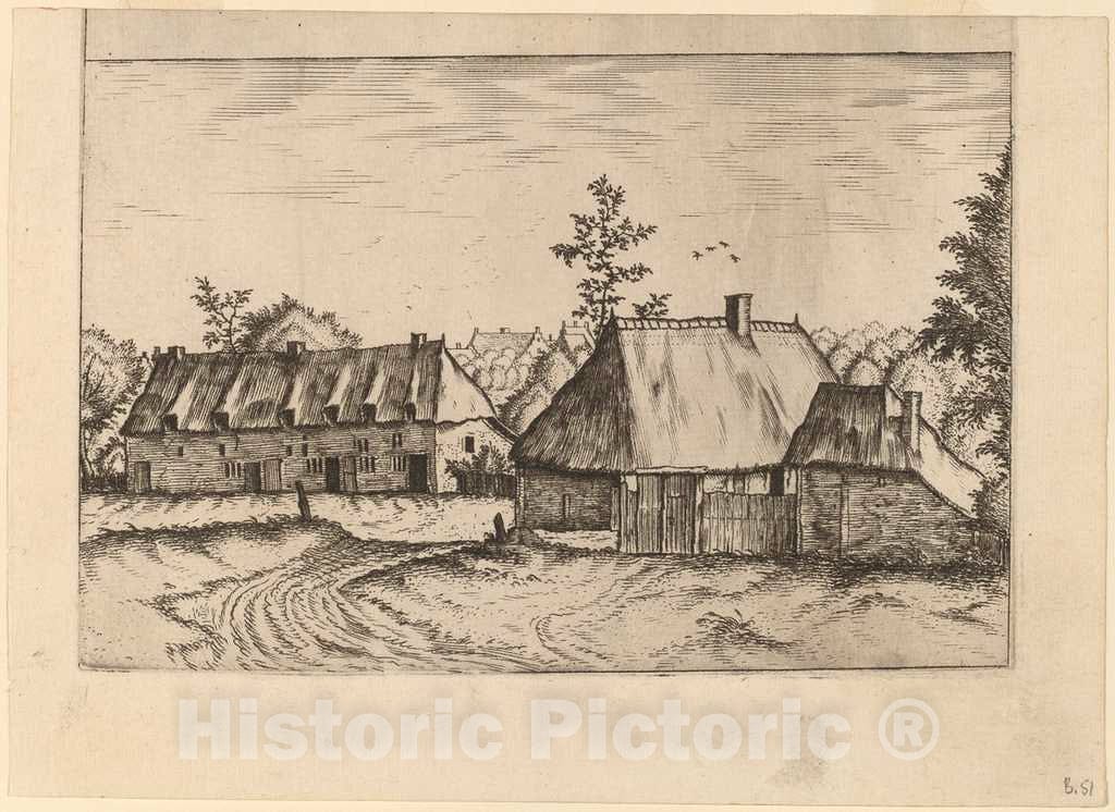 Art Print : Doetechum, Farm and Row of Houses, c.1560 - Vintage Wall Art