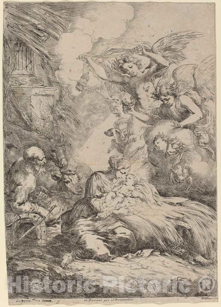Art Print : Bartolomeo Biscaino, The Holy Family Adored by Angels (The Large Nativity) - Vintage Wall Art