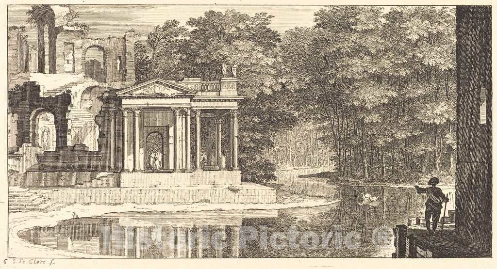 Art Print : SÃ©bastien Le Clerc I, Landscape with Temple Ruins and Pond, 1673 - Vintage Wall Art