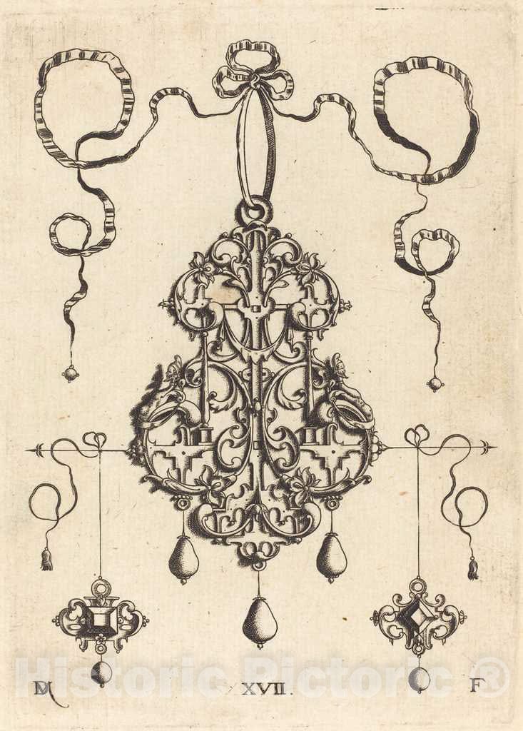 Art Print : Daniel Mignot, Strapwork Pendant with Two Square Tablestonesas Earrings at Left and Right - Vintage Wall Art