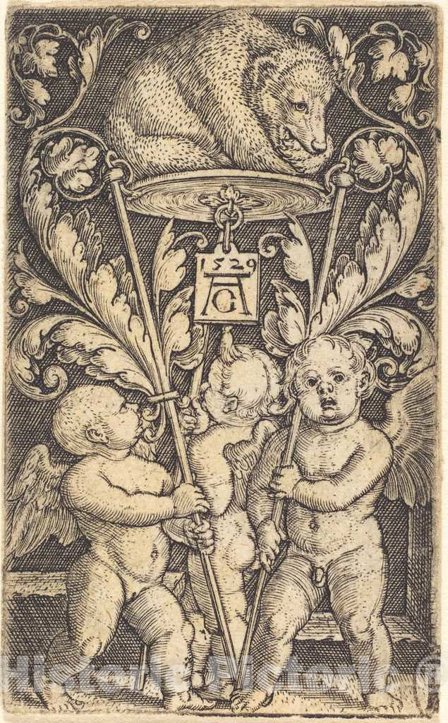 Art Print : Aldegrever, Three Cupids and a Bear, 1529 - Vintage Wall Art