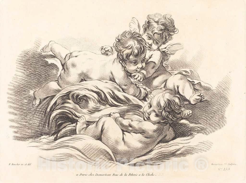 Art Print : Demarteau After Boucher, Three Cherubs Playing on Dolphin Like Wave - Vintage Wall Art