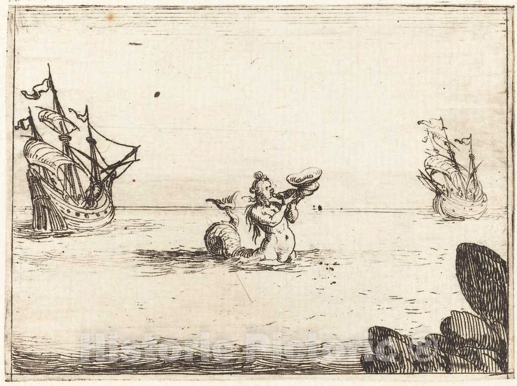 Art Print : Jacques Callot, Siren Between Two Ships, 1628 - Vintage Wall Art