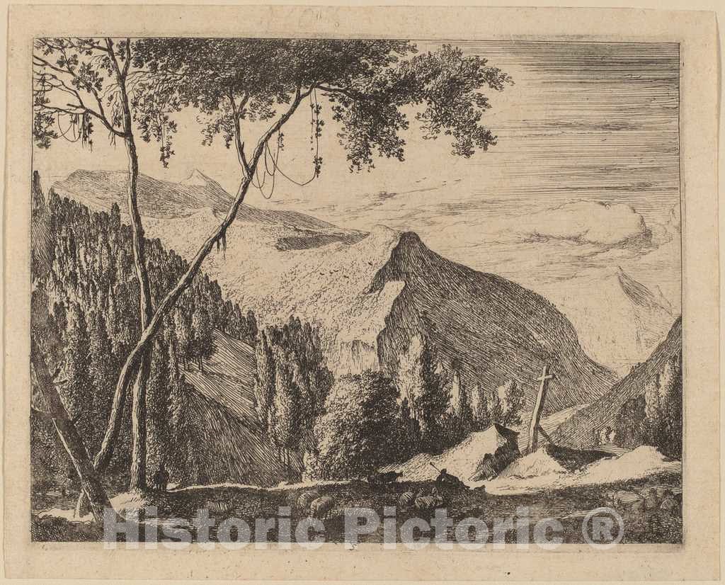 Art Print : Roelant Roghman and Melchior KÃ¼sel, Rocky Landscape with Cross: pl.5 - Vintage Wall Art