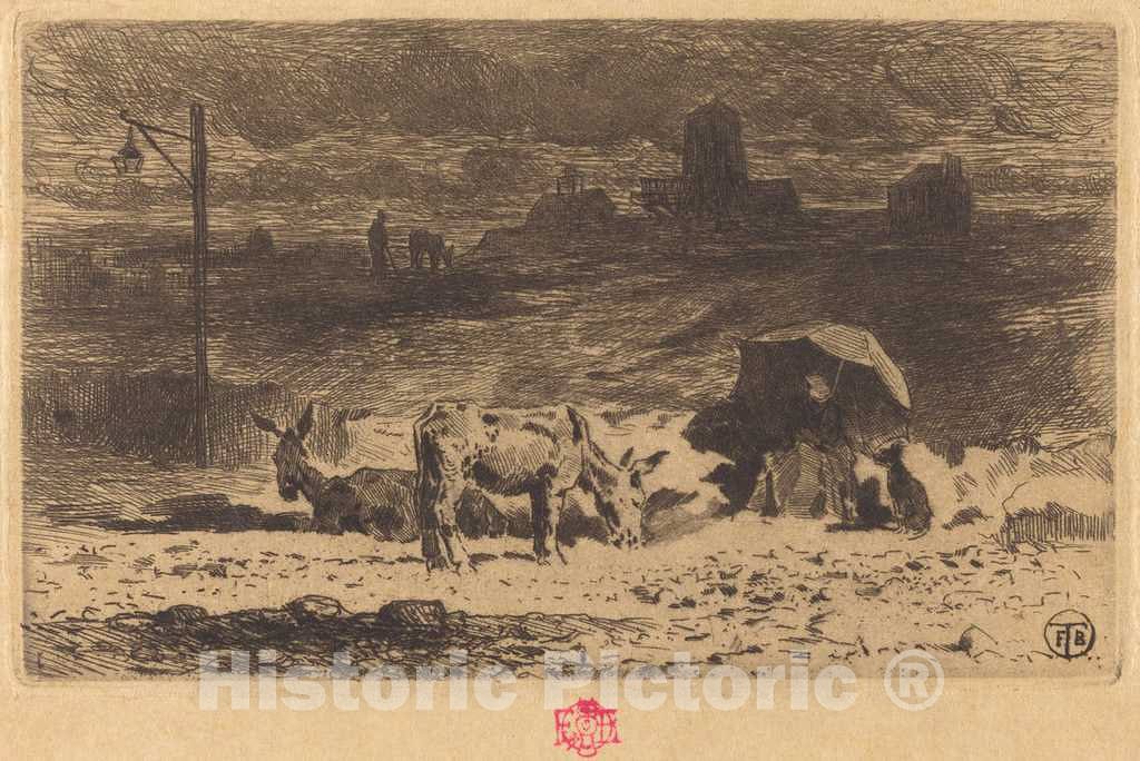 Art Print : FÃ©lix-Hilaire Buhot, Les Anes de La Butte-aux-Cailles (Donkeys at La Butte-aux-Cailles), c.1874 - Vintage Wall Art