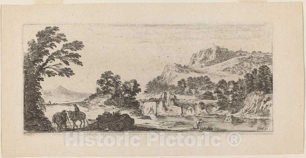Art Print : Stefano Della Bella, Landscape with Bridge, 1641 - Vintage Wall Art