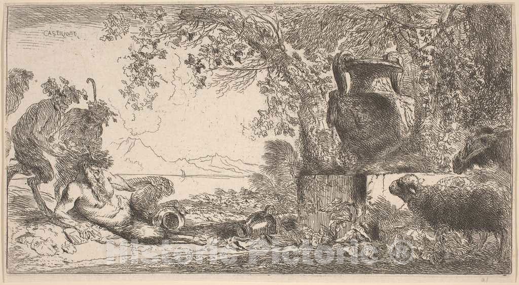 Art Print : Giovanni Benedetto Castiglione, Pan Reclining Before a Large Vase, c.1643 - Vintage Wall Art