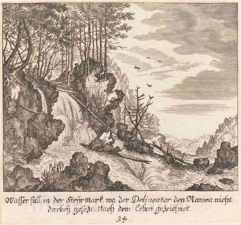 Art Print : KÃ¼sel After Johann Wilhelm Baur, Waterfall, 1681 - Vintage Wall Art