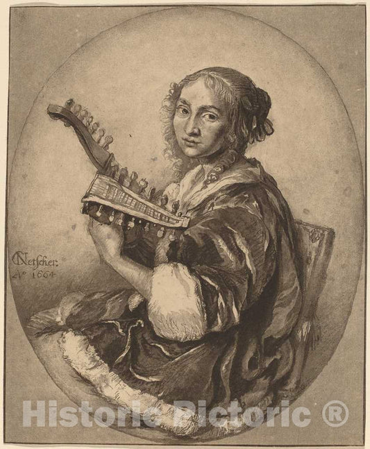 Art Print : Amstel and Brouwer After Caspar Netscher, Lady with Guitar, 1781 - Vintage Wall Art