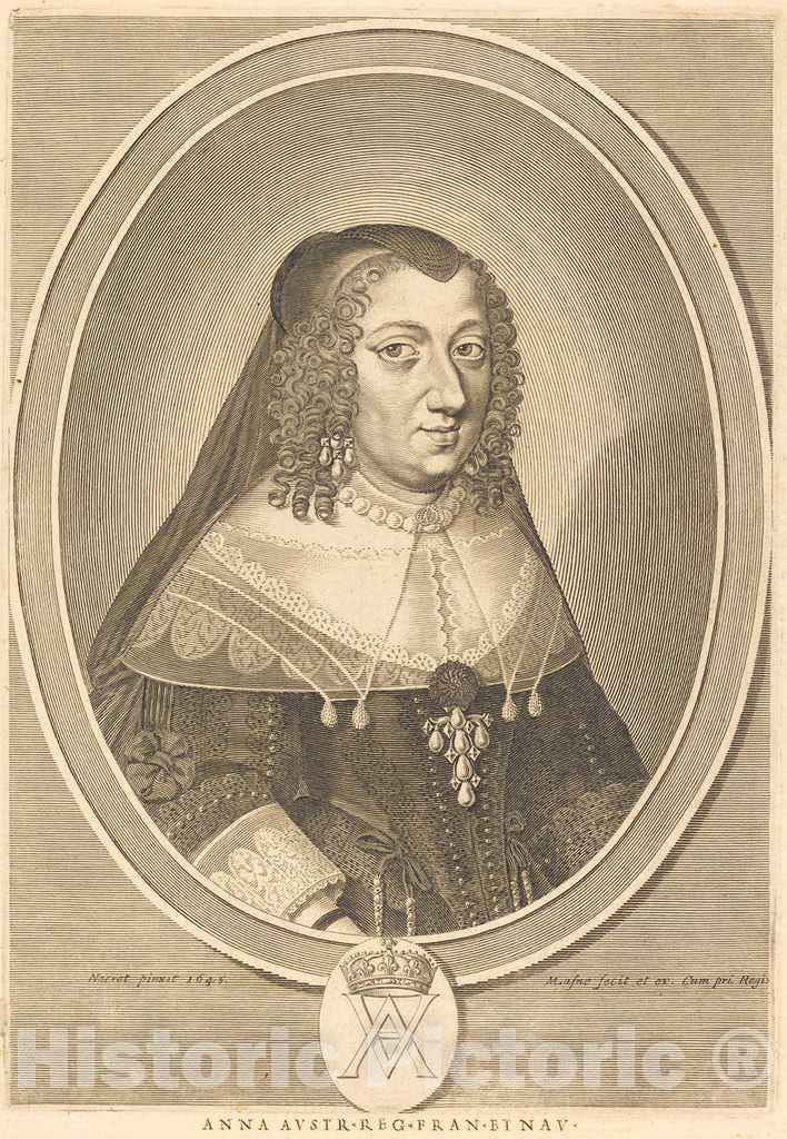Art Print : Lasne After Jean Nocret, Anne of Austria, in or After 1645 - Vintage Wall Art