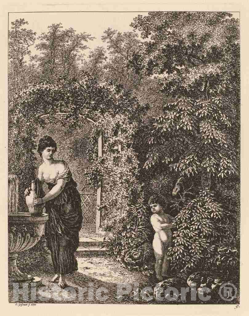 Art Print : Salomon Gessner, Putto Visiting a Girl at a Fountain, 1771 - Vintage Wall Art
