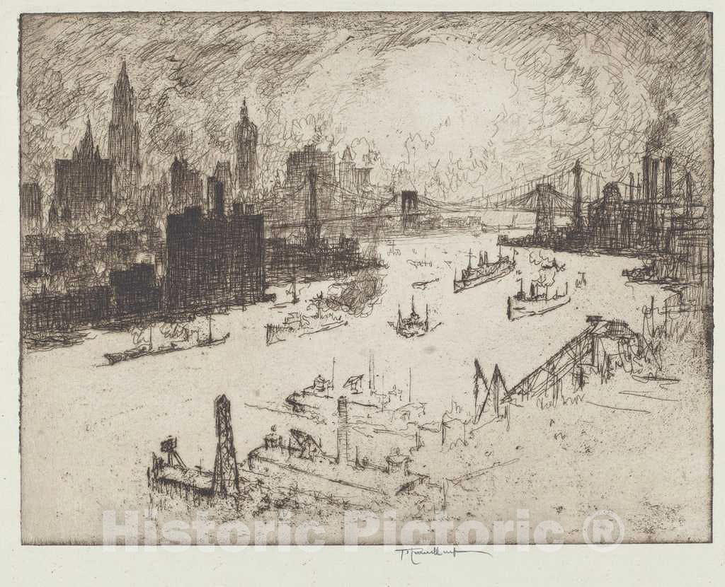Art Print : Joseph Pennell, Sunset, from Williamsburg Bridge, 1915 - Vintage Wall Art