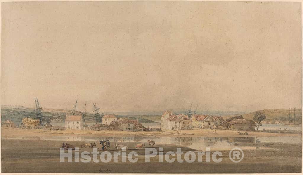 Art Print : Thomas Girtin, Village Along a River Estuary in Devon, c.1798 - Vintage Wall Art