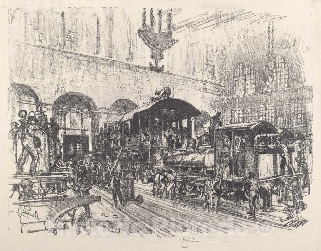 Art Print : Joseph Pennell, Making War Locomotives, 1917 - Vintage Wall Art