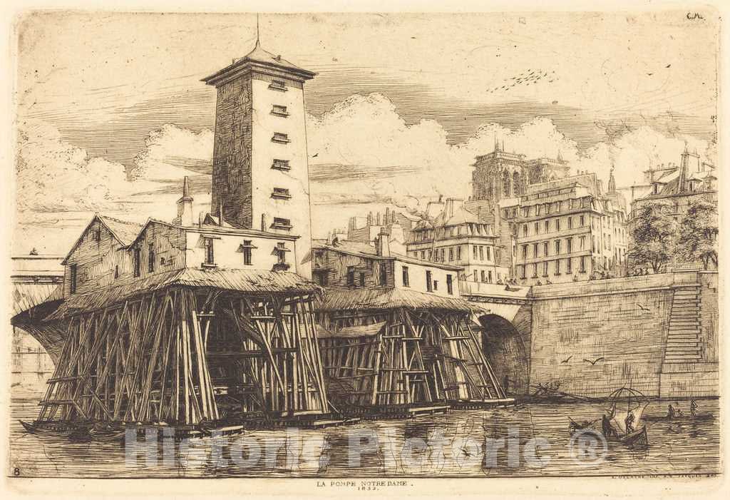 Art Print : Charles Meryon, La Pompe Notre-Dame, Paris (The Notre-Dame Pump), 1852 - Vintage Wall Art