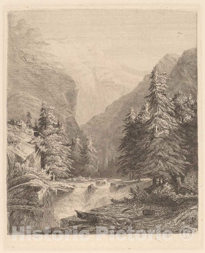 Art Print : Alexandre Calame, Mountain Waterfall, 1838 - Vintage Wall Art