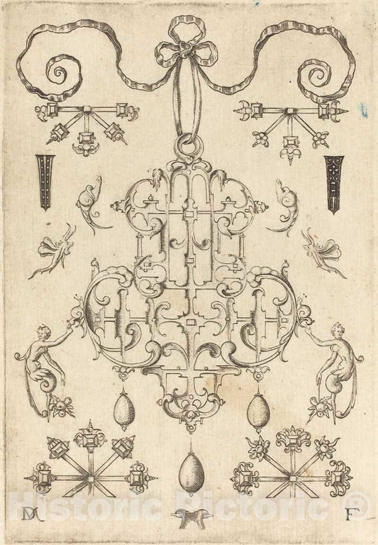 Art Print : Daniel Mignot, Large Pendant with Three Drops Below, 1593 - Vintage Wall Art
