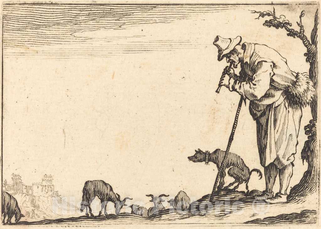 Art Print : Jacques Callot, Shepherd Playing Flute, c. 1617 - Vintage Wall Art