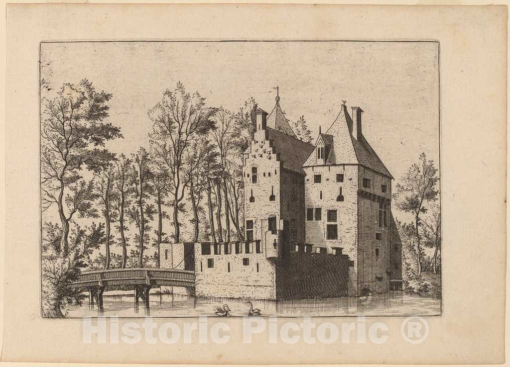 Art Print : Johannes and Lucas Van Doetechum, Castle with Lift-Bridge, in or Before 1676 - Vintage Wall Art