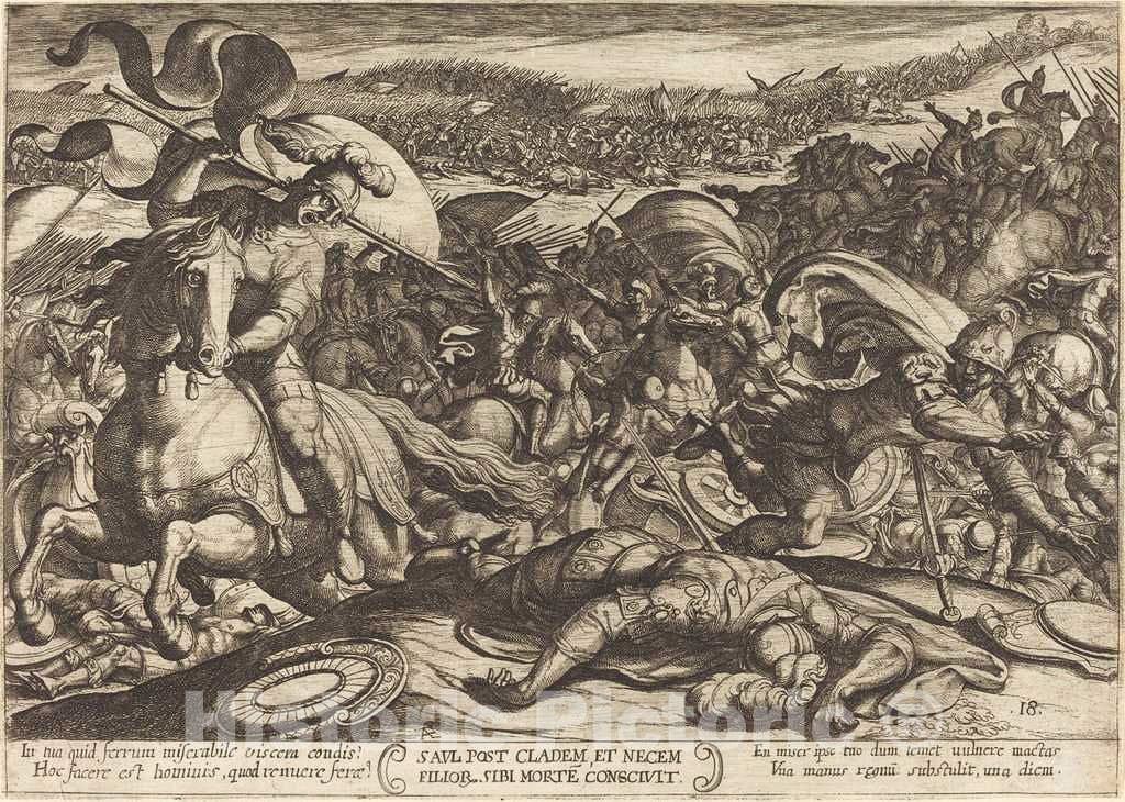 Art Print : Antonio Tempesta, Saul Kills Himself After The Defeat of his Army by The Philistines, 1613 - Vintage Wall Art