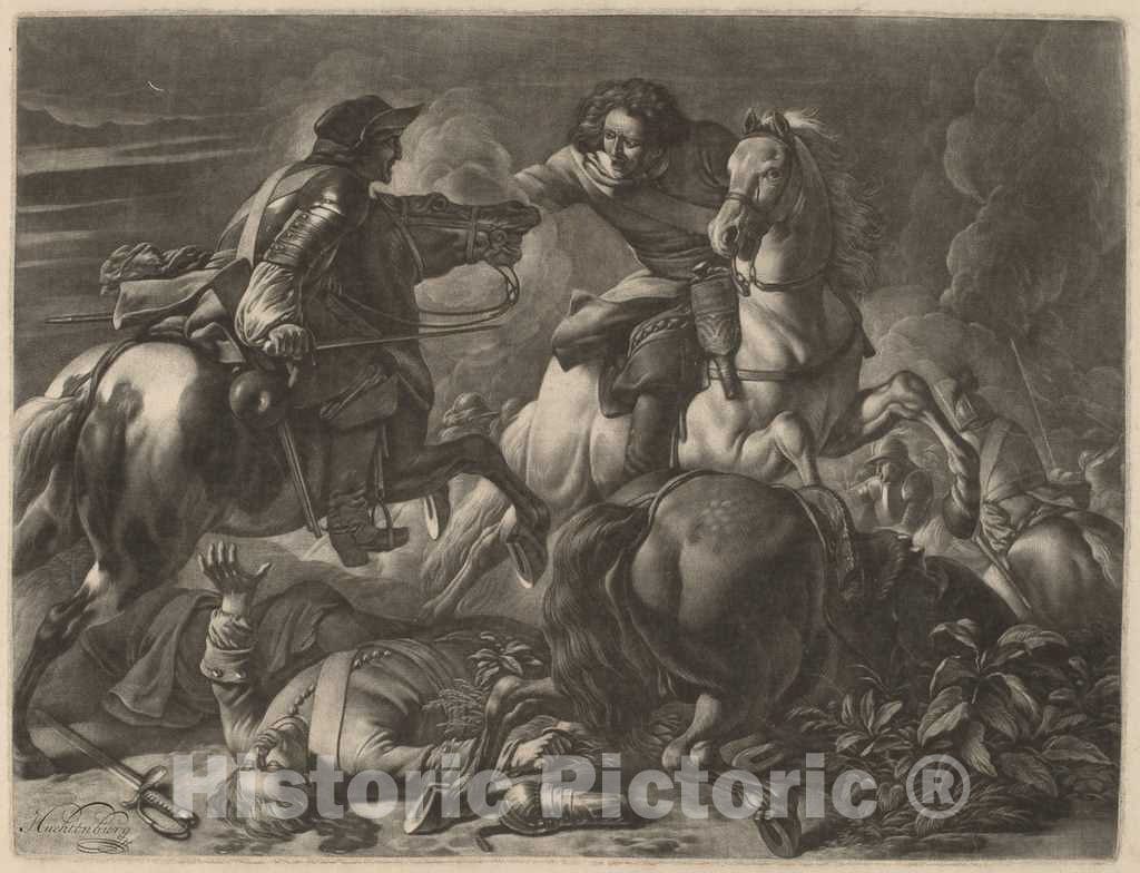 Art Print : Jan Van Huchtenburgh, Two Fighting Horsemen - Vintage Wall Art