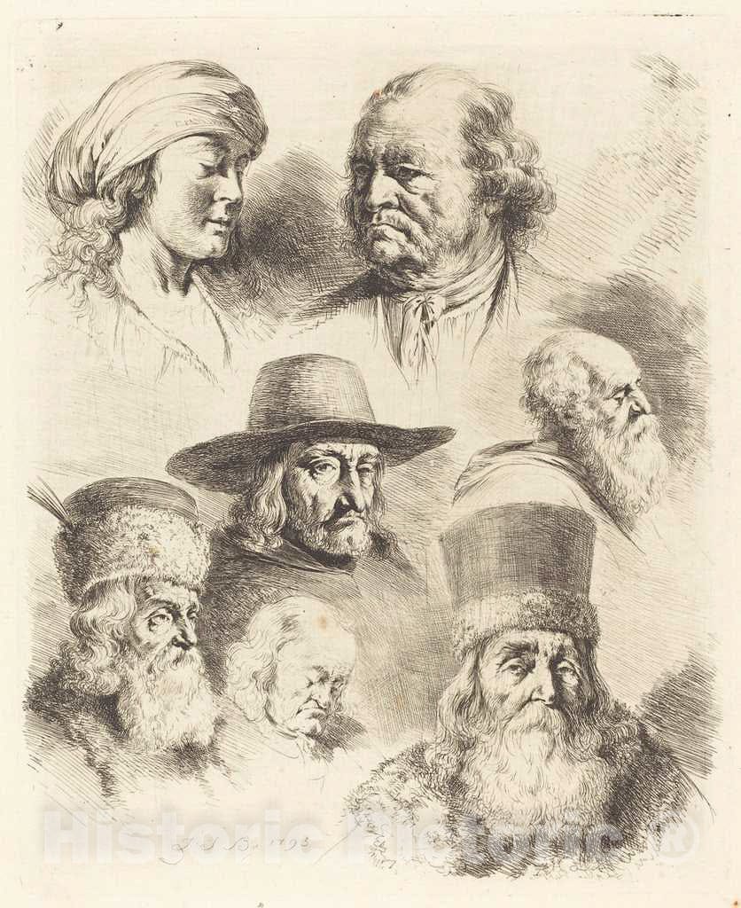 Art Print : Jacques de Boissieu, Seven Studies of Heads, 1793 - Vintage Wall Art