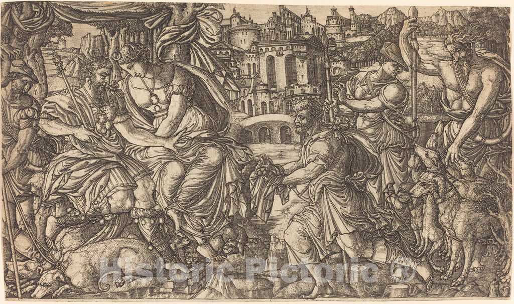 Art Print : Jean Duvet, A King and Diana Receiving Huntsmen, c.1551 - Vintage Wall Art