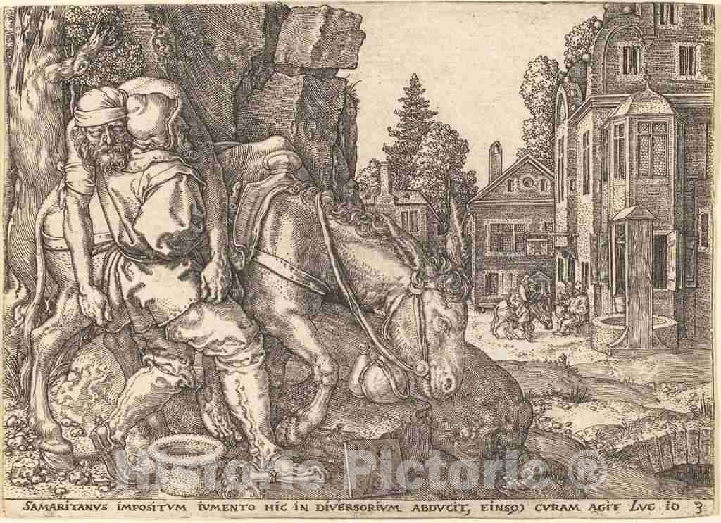 Art Print : Aldegrever, The Good Samaritan Placing The Traveler on a Mule, 1554 - Vintage Wall Art