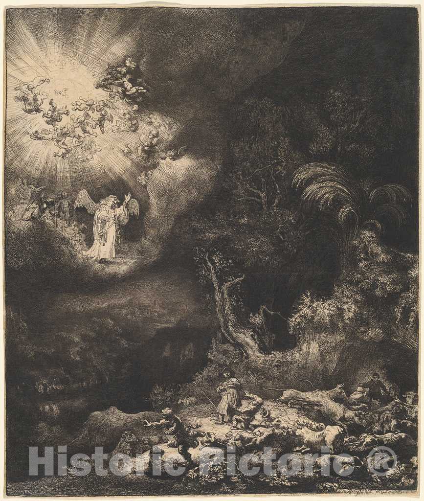 Art Print : Rembrandt, The Angel Appearing to The Shepherds, 1634 - Vintage Wall Art