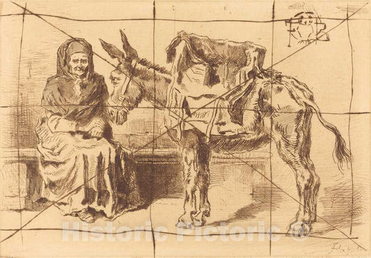 Art Print : FÃ©lix-Hilaire Buhot, CacoletiÃ¨re Assise (Seated Woman and Ass), 1875 - Vintage Wall Art
