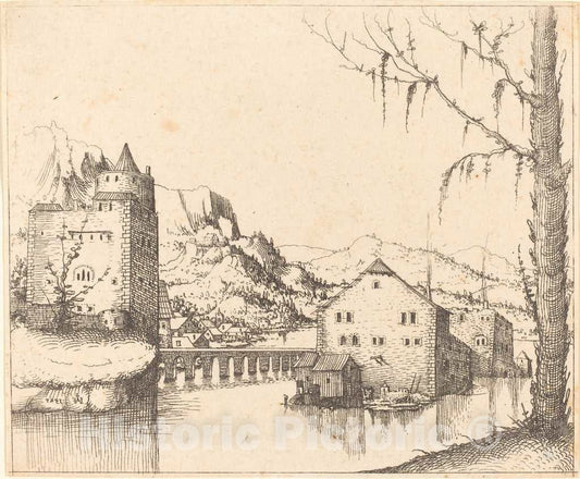 Art Print : Augustin Hirschvogel, River Landscape with Island Houses, 1545 - Vintage Wall Art