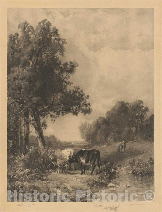 Art Print : Robert A. Eichelberger, Untitled (Cows and Calves by A Stream), 1889 - Vintage Wall Art