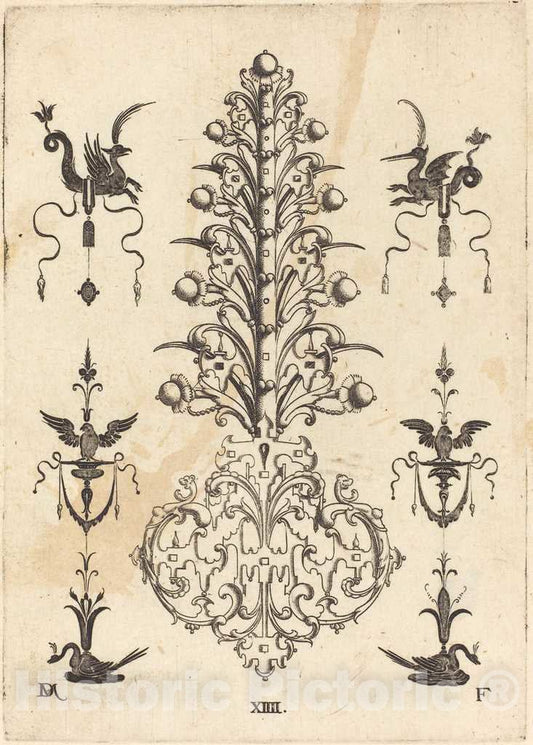 Art Print : Daniel Mignot, Hyacinth-Shaped Brooch with Winged Animals at Top and Crouching Swans at Bottom, 1596 - Vintage Wall Art